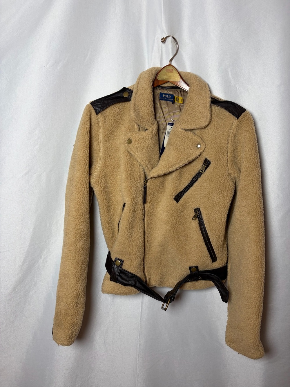 Polo by Ralph Lauren Beige Sherpa Biker Jacket with Black Trim